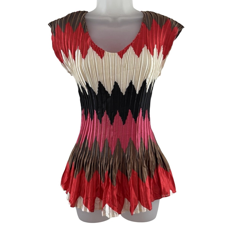Milano Blouse Womens Medium Multicolor Pleated Tunic Scoop Neck Top Geometric